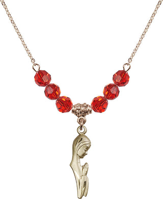 18" Hamilton Gold Plated Necklace with 4mm Ruby Crystal Beads featuring a 14kt Gold Filled Madonna Medal.