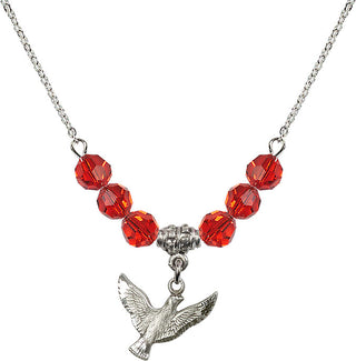 18" Rhodium Plated Necklace with 4mm Ruby Crystal Beads featuring a Sterling Silver Holy Spirit Medal.