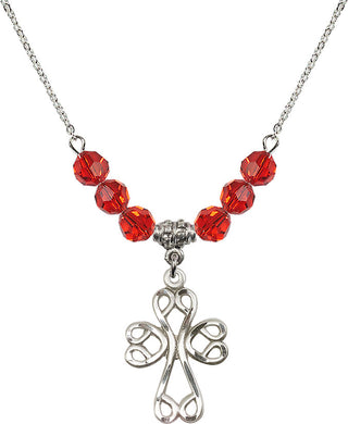18" Rhodium Plated Necklace with 4mm Ruby Crystal Beads featuring a Sterling Silver Scroll Cross Medal.