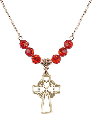 18" Hamilton Gold Plated Necklace with 4mm Ruby Crystal Beads featuring a 14kt Gold Filled Shamrock Cross Medal.
