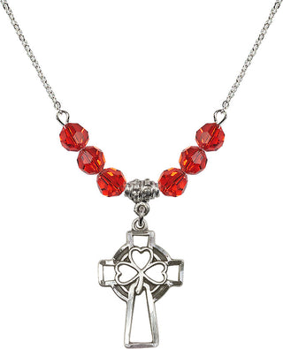 18" Rhodium Plated Necklace with 4mm Ruby Crystal Beads featuring a Sterling Silver Shamrock Cross Medal.