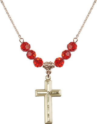 18" Hamilton Gold Plated Necklace with 4mm Ruby Crystal Beads featuring a 14kt Gold Filled Cross Medal. Engraved Catholic Saint Jewelry