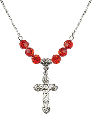 18" Rhodium Plated Necklace with 4mm Ruby Crystal Beads featuring a Sterling Silver Cross Medal. Engraved Catholic Saint Jewelry