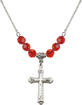 18" Rhodium Plated Necklace with 4mm Ruby Crystal Beads featuring a Sterling Silver Cross Medal. Engraved Catholic Saint Jewelry
