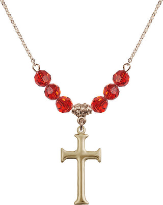 18" Hamilton Gold Plated Necklace with 4mm Ruby Crystal Beads featuring a 14kt Gold Filled Cross Medal. Engraved Catholic Saint Jewelry