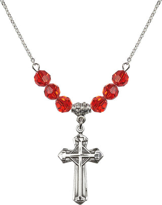 18" Rhodium Plated Necklace with 4mm Ruby Crystal Beads featuring a Sterling Silver Cross Medal. Engraved Catholic Saint Jewelry