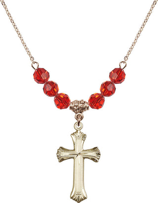 18" Hamilton Gold Plated Necklace with 4mm Ruby Crystal Beads featuring a 14kt Gold Filled Cross Medal. Engraved Catholic Saint Jewelry