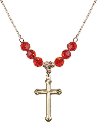 18" Hamilton Gold Plated Necklace with 4mm Ruby Crystal Beads featuring a 14kt Gold Filled Cross Medal. Engraved Catholic Saint Jewelry