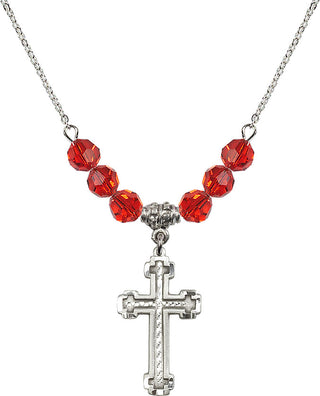 18" Rhodium Plated Necklace with 4mm Ruby Crystal Beads featuring a Sterling Silver Cross Medal.