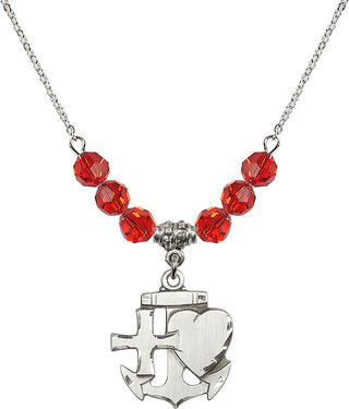 18" Rhodium Plated Necklace with 4mm Ruby Crystal Beads featuring a Sterling Silver Faith, Hope & Charity Medal.