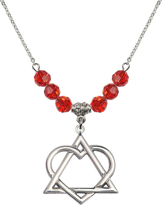 18" Rhodium Plated Necklace with 4mm Ruby Crystal Beads featuring a Sterling Silver Adoption Heart Medal.