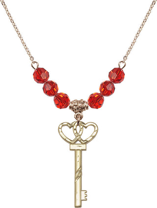 18" Hamilton Gold Plated Necklace with 4mm Ruby Crystal Beads featuring a 14kt Gold Filled Small Key w/Double Hearts Medal.