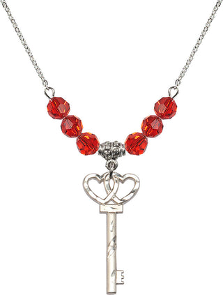 18" Rhodium Plated Necklace with 4mm Ruby Crystal Beads featuring a Sterling Silver Small Key w/Double Hearts Medal.