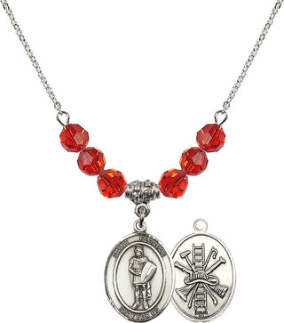 18" Rhodium Plated Necklace with 4mm Ruby Crystal Beads featuring a Sterling Silver Saint Florian/Firefighter Medal.