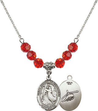 18" Rhodium Plated Necklace with 4mm Ruby Crystal Beads featuring a Sterling Silver Saint Joseph of Cupertino/Heleco Medal.
