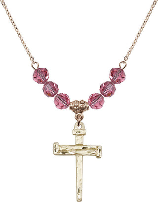 18" Hamilton Gold Plated Necklace with 4mm Rose Crystal Beads featuring a 14kt Gold Filled Nail Cross Medal.
