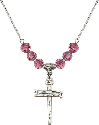 18" Rhodium Plated Necklace with 4mm Rose Crystal Beads featuring a Sterling Silver Nail Cross Medal.