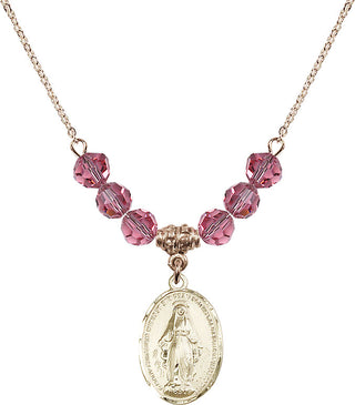18" Hamilton Gold Plated Necklace with 4mm Rose Crystal Beads featuring a 14kt Gold Filled Miraculous Medal.