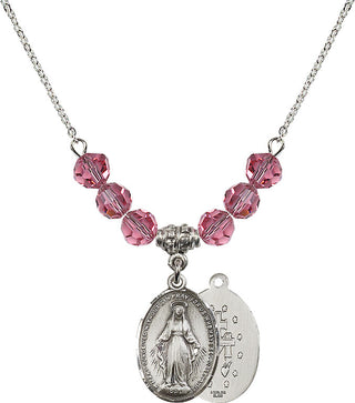 18" Rhodium Plated Necklace with 4mm Rose Crystal Beads featuring a Sterling Silver Miraculous Medal.