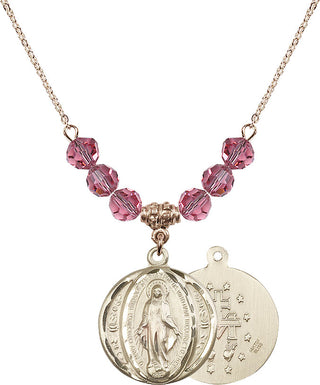 18" Hamilton Gold Plated Necklace with 4mm Rose Crystal Beads featuring a 14kt Gold Filled Miraculous Medal.