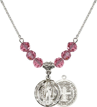 18" Rhodium Plated Necklace with 4mm Rose Crystal Beads featuring a Sterling Silver Saint Benedict Medal.