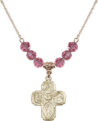18" Hamilton Gold Plated Necklace with 4mm Rose Crystal Beads featuring a 14kt Gold Filled 5-Way Medal.