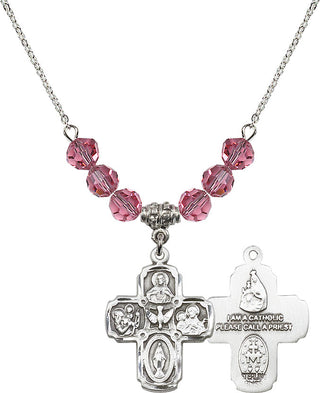 18" Rhodium Plated Necklace with 4mm Rose Crystal Beads featuring a Sterling Silver 5-Way Medal.
