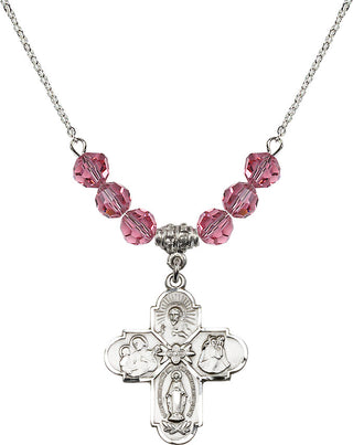 18" Rhodium Plated Necklace with 4mm Rose Crystal Beads featuring a Sterling Silver 4-Way Medal.