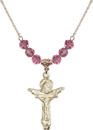 18" Hamilton Gold Plated Necklace with 4mm Rose Crystal Beads featuring a 14kt Gold Filled Trinity Crucifix Medal.