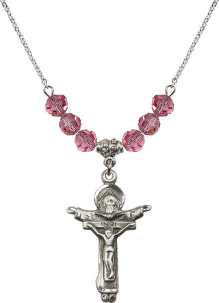 18" Rhodium Plated Necklace with 4mm Rose Crystal Beads featuring a Sterling Silver Trinity Crucifix Medal.