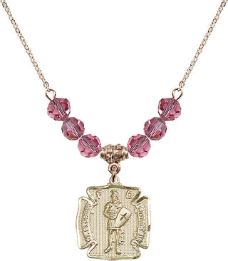 18" Hamilton Gold Plated Necklace with 4mm Rose Crystal Beads featuring a 14kt Gold Filled Saint Florian Medal. Engraved Catholic Saint Jewelry