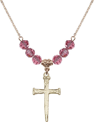 18" Hamilton Gold Plated Necklace with 4mm Rose Crystal Beads featuring a 14kt Gold Filled Nail Cross Medal.