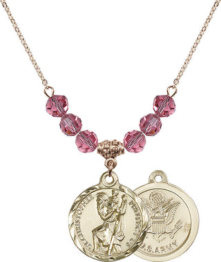 18" Hamilton Gold Plated Necklace with 4mm Rose Crystal Beads featuring a 14kt Gold Filled Saint Christopher / Army Medal.