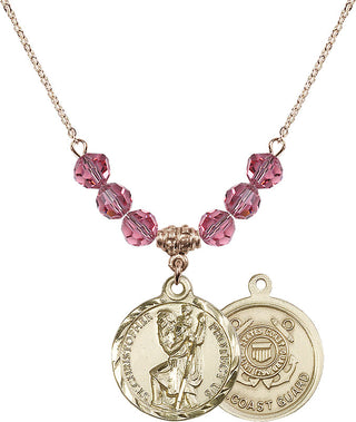 18" Hamilton Gold Plated Necklace with 4mm Rose Crystal Beads featuring a 14kt Gold Filled Saint Christopher / Coast Guard Medal.