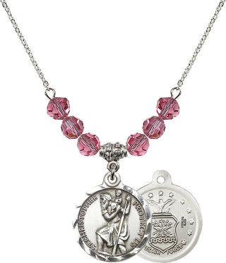 18" Rhodium Plated Necklace with 4mm Rose Crystal Beads featuring a Sterling Silver Saint Christopher / Air Force Medal.