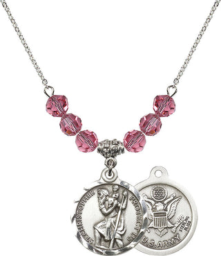 18" Rhodium Plated Necklace with 4mm Rose Crystal Beads featuring a Sterling Silver Saint Christopher / Army Medal.