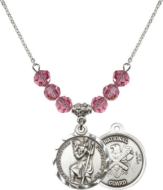 18" Rhodium Plated Necklace with 4mm Rose Crystal Beads featuring a Sterling Silver Saint Christopher / Nat'l Guard Medal.