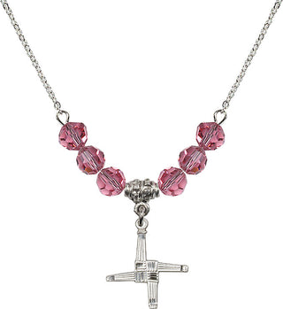 18" Rhodium Plated Necklace with 4mm Rose Crystal Beads featuring a Sterling Silver Saint Brigid Cross Medal.