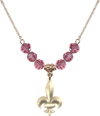 18" Hamilton Gold Plated Necklace with 4mm Rose Crystal Beads featuring a 14kt Gold Filled Fleur de Lis Medal.