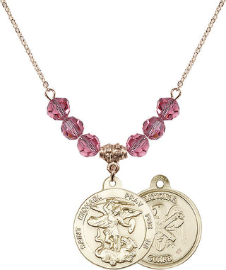 18" Hamilton Gold Plated Necklace with 4mm Rose Crystal Beads featuring a 14kt Gold Filled Saint Michael / Nat'l Guard Medal.