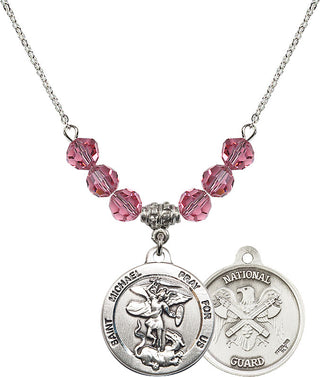 18" Rhodium Plated Necklace with 4mm Rose Crystal Beads featuring a Sterling Silver Saint Michael / Nat'l Guard Medal.