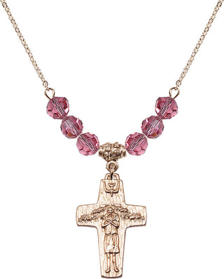 18" Hamilton Gold Plated Necklace with 4mm Rose Crystal Beads featuring a 14kt Gold Filled Papal Crucifix Medal.