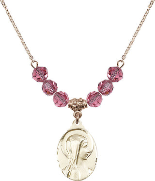 18" Hamilton Gold Plated Necklace with 4mm Rose Crystal Beads featuring a 14kt Gold Filled Sorrowful Mother Medal.