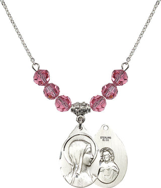 18" Rhodium Plated Necklace with 4mm Rose Crystal Beads featuring a Sterling Silver Sorrowful Mother Medal.