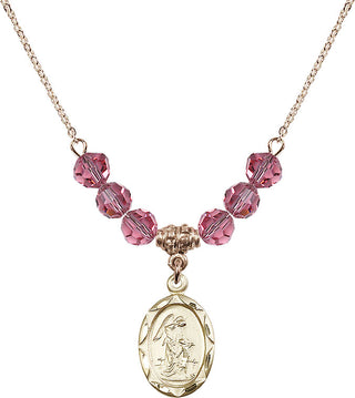 18" Hamilton Gold Plated Necklace with 4mm Rose Crystal Beads featuring a 14kt Gold Filled Guardian Angel Medal. Engraved Catholic Saint Jewelry