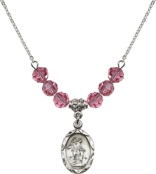 18" Rhodium Plated Necklace with 4mm Rose Crystal Beads featuring a Sterling Silver Guardian Angel Medal. Engraved Catholic Saint Jewelry