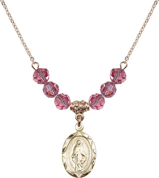 18" Hamilton Gold Plated Necklace with 4mm Rose Crystal Beads featuring a 14kt Gold Filled Miraculous Medal.