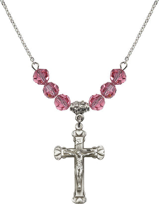 18" Rhodium Plated Necklace with 4mm Rose Crystal Beads featuring a Sterling Silver Crucifix Medal.
