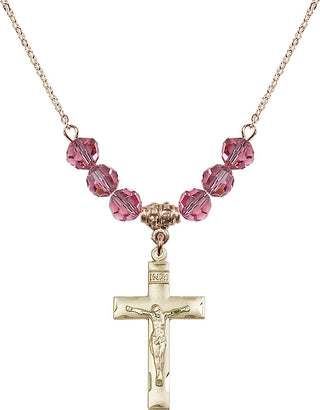 18" Hamilton Gold Plated Necklace with 4mm Rose Crystal Beads featuring a 14kt Gold Filled Crucifix Medal.