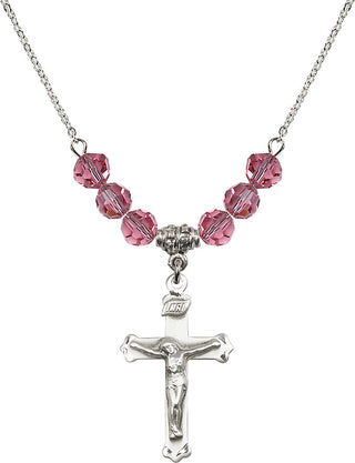 18" Rhodium Plated Necklace with 4mm Rose Crystal Beads featuring a Sterling Silver Crucifix Medal.